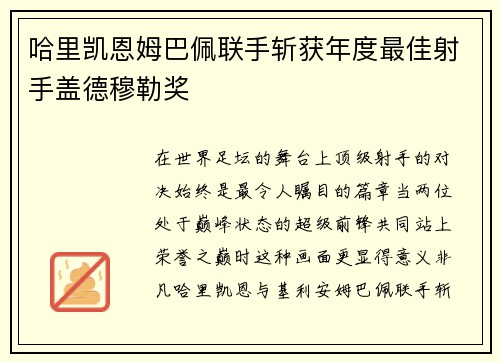 哈里凯恩姆巴佩联手斩获年度最佳射手盖德穆勒奖